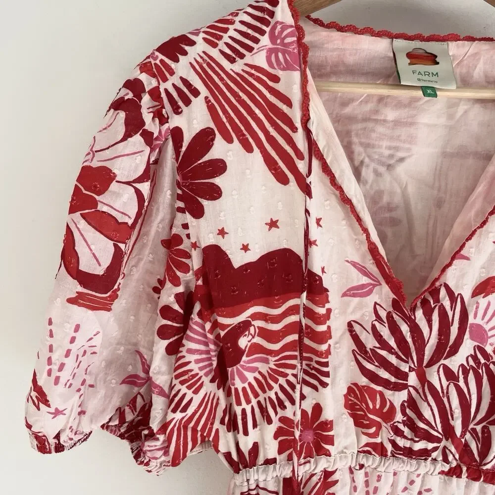 Farm Rio Tiles Red Floral Puff Sleeve Open Back Cotton Mini Sundress Size XL - Picture 2 of 5